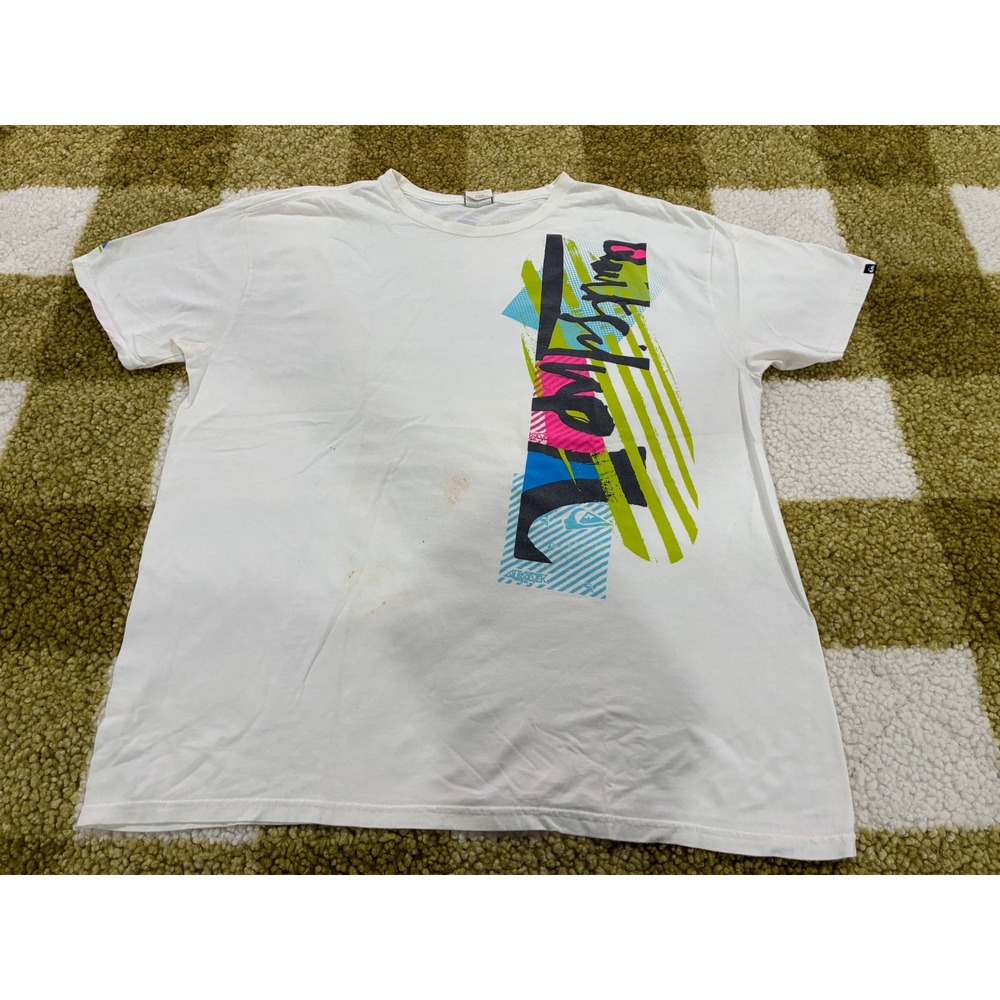Quiksilver Mens XL Graphic T-Shirt White Neon 90s Surf Abstract Organic Cotton
